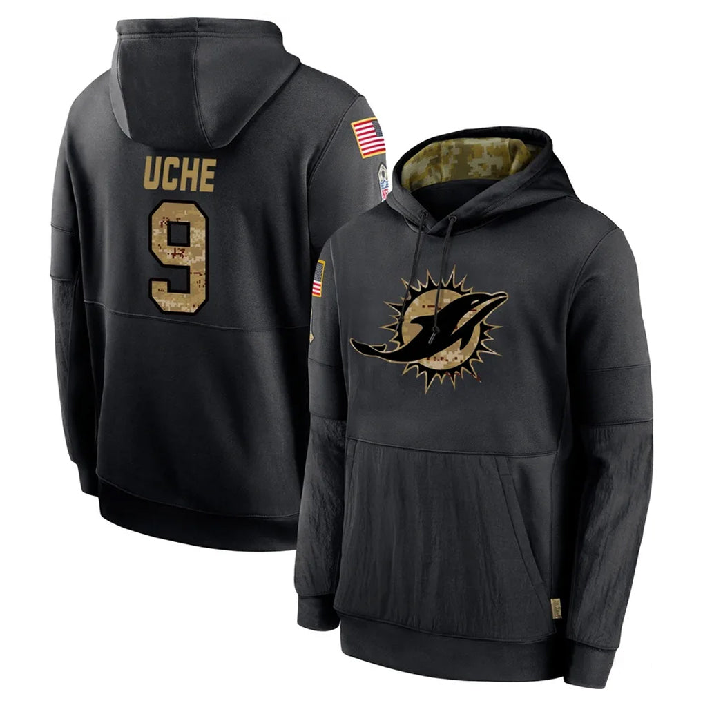 M.Dolphins #9 Joshua Uche Player Black Salute to Service Hoodies Limited Game STECN Stitched Jerseys