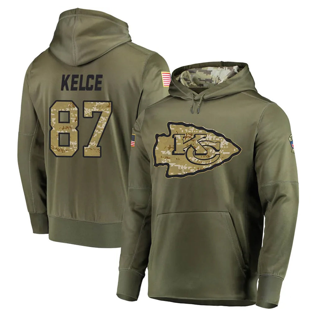 KC.Chiefs #87 Travis Kelce Player Olive Salute to Service Pullover Hoodies Home Game STECN Stitched Jerseys