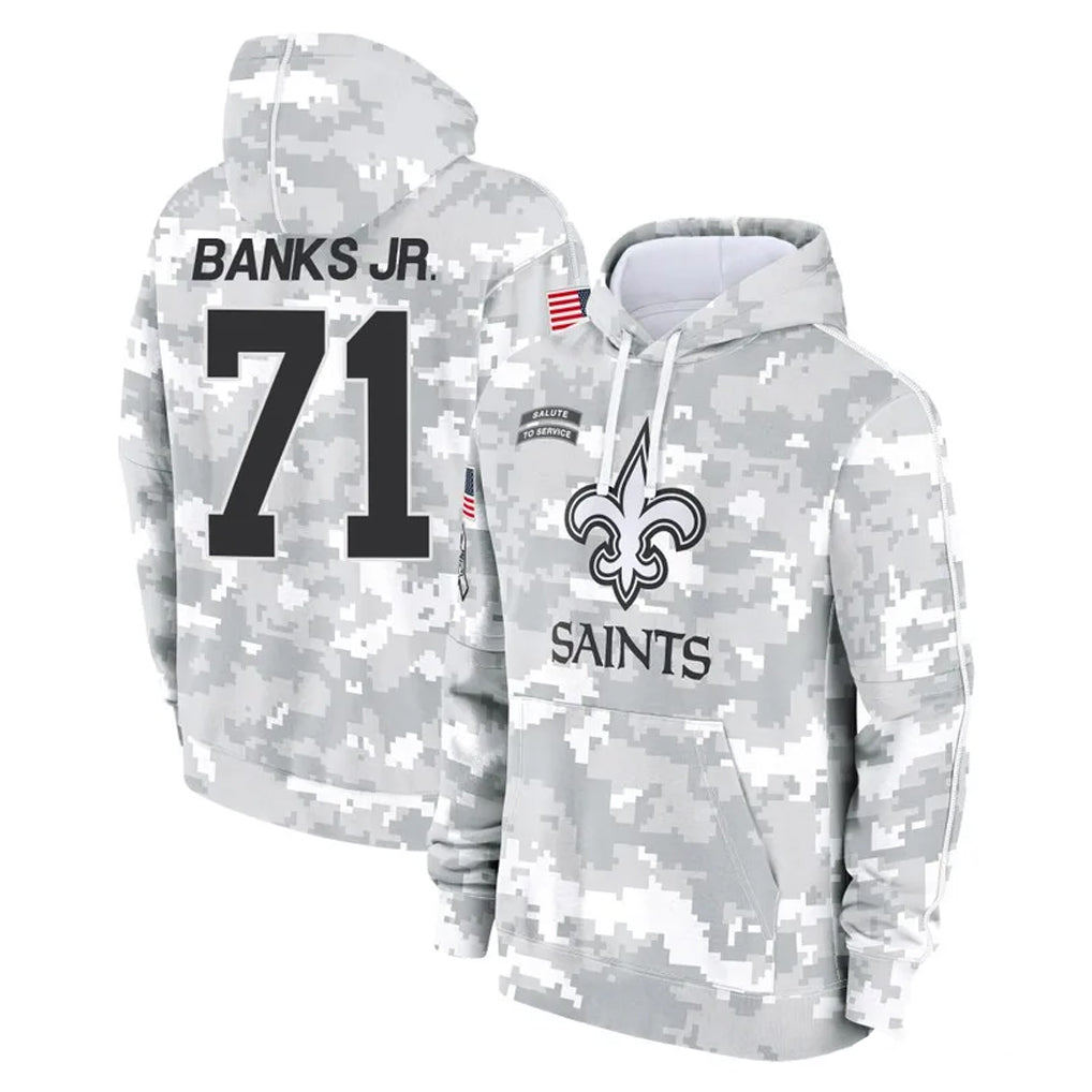NO.Saints #71 Kelvin Banks Jr. Player Arctic Camo Salute to Service Pullover Hoodies Limited Game STECN Stitched Jerseys
