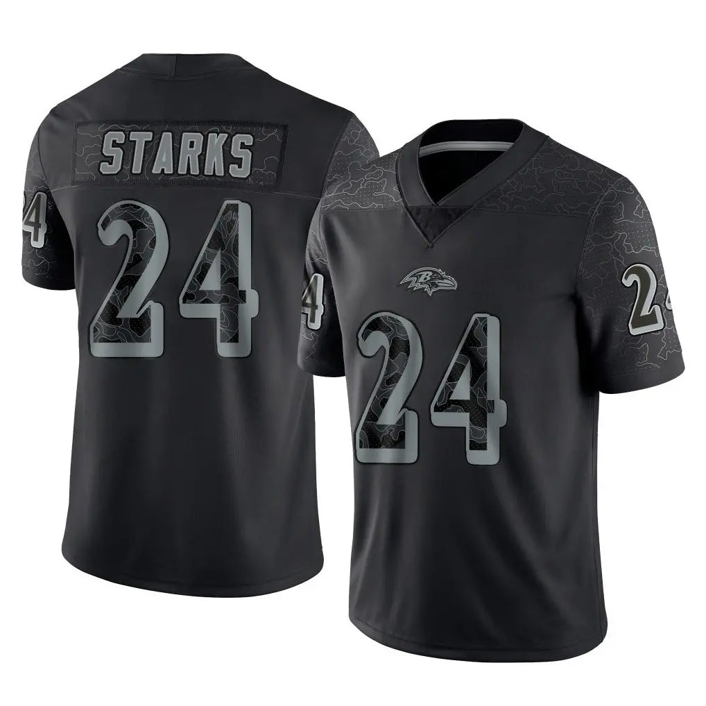 B.Ravens #24 Malaki Starks Player Black REFLECTIVE Limited STECN Stitched Jerseys