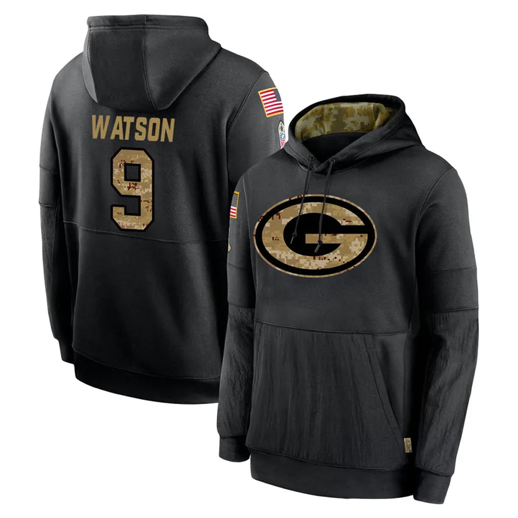 GB.Packers #9 Christian Watson Player Black Salute to Service Hoodies Limited Game STECN Stitched Jerseys