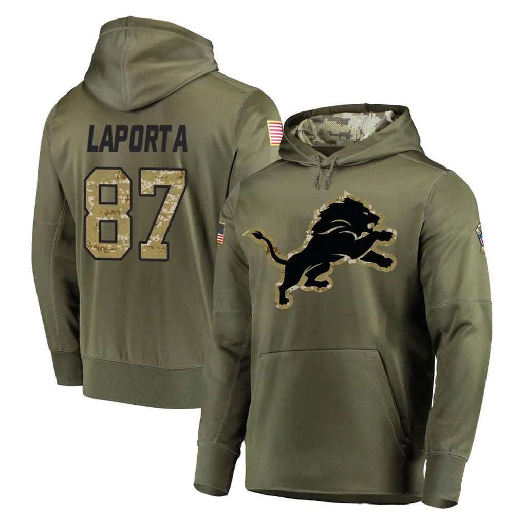 D.Lions #87 Sam LaPorta Player Olive Salute to Service Pullover Hoodies Home Game STECN Stitched Jerseys