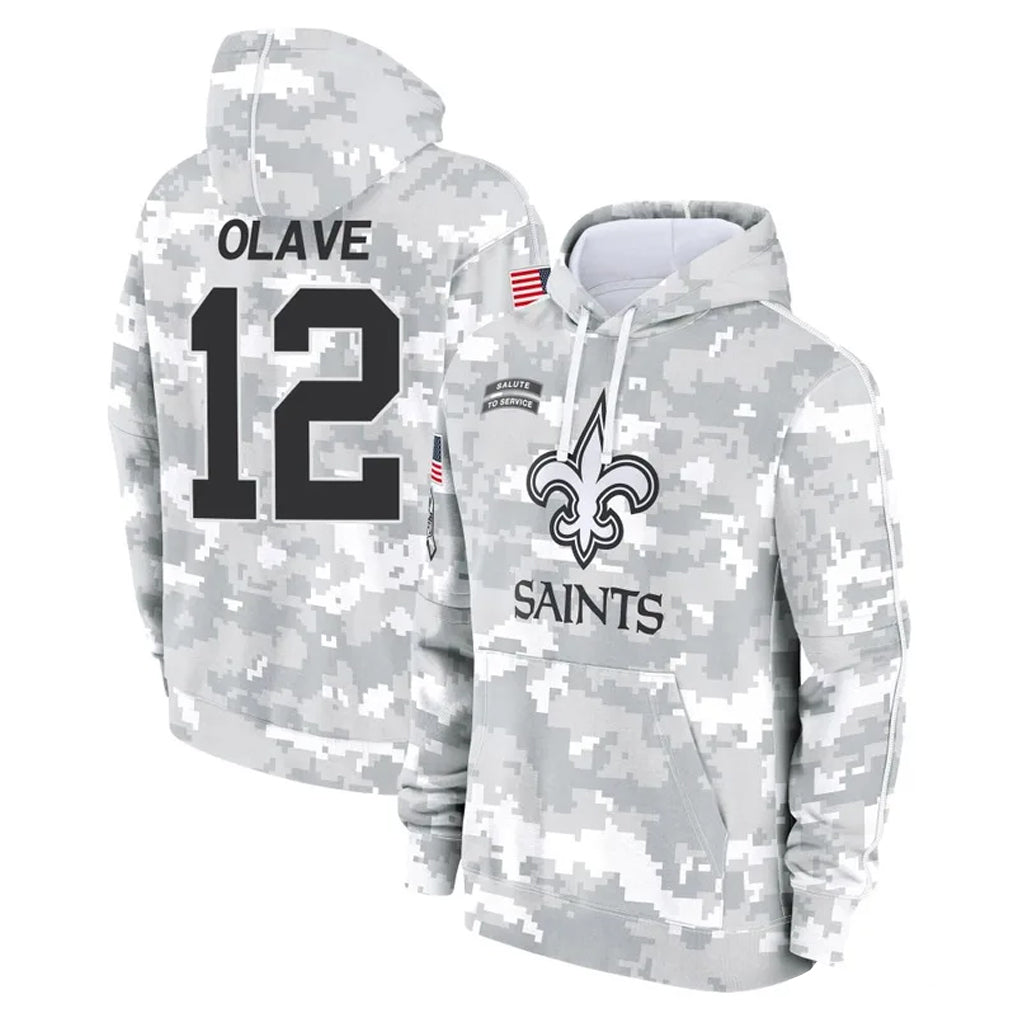 NO.Saints #12 Chris Olave Player Arctic Camo Salute to Service Pullover Hoodies Limited Game STECN Stitched Jerseys