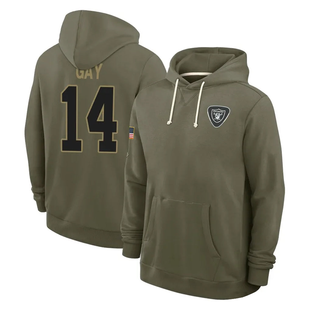 LV.Raiders #14 Matt Gay Player Olive Salute to Service Pullover Hoodies Limited STECN Stitched Jerseys