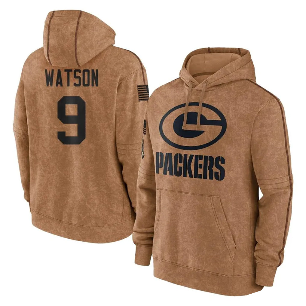 GB.Packers #9 Christian Watson Player Brown Salute to Service Hoodies Limited Game STECN Stitched Jerseys