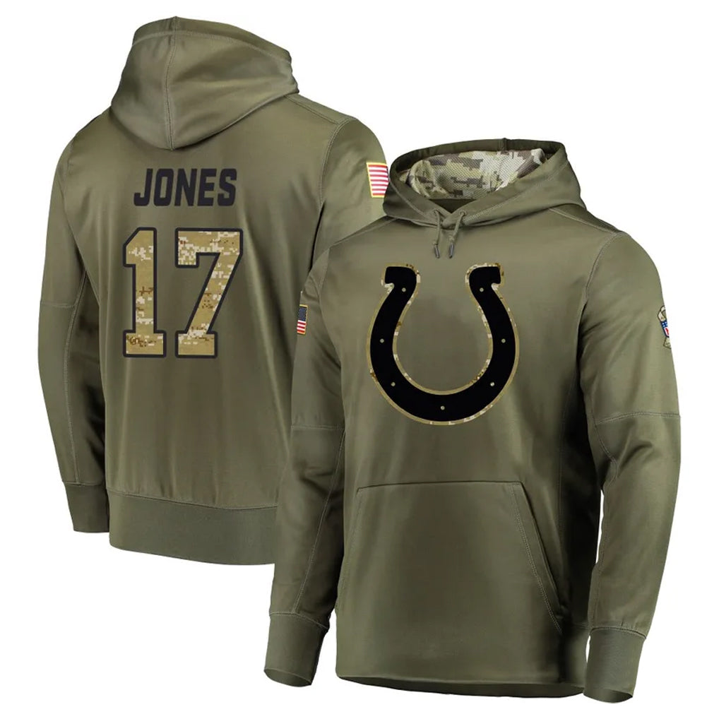 IN.Colts #17 Daniel Jones Player Olive Salute to Service Pullover Hoodies Home Game STECN Stitched Jerseys