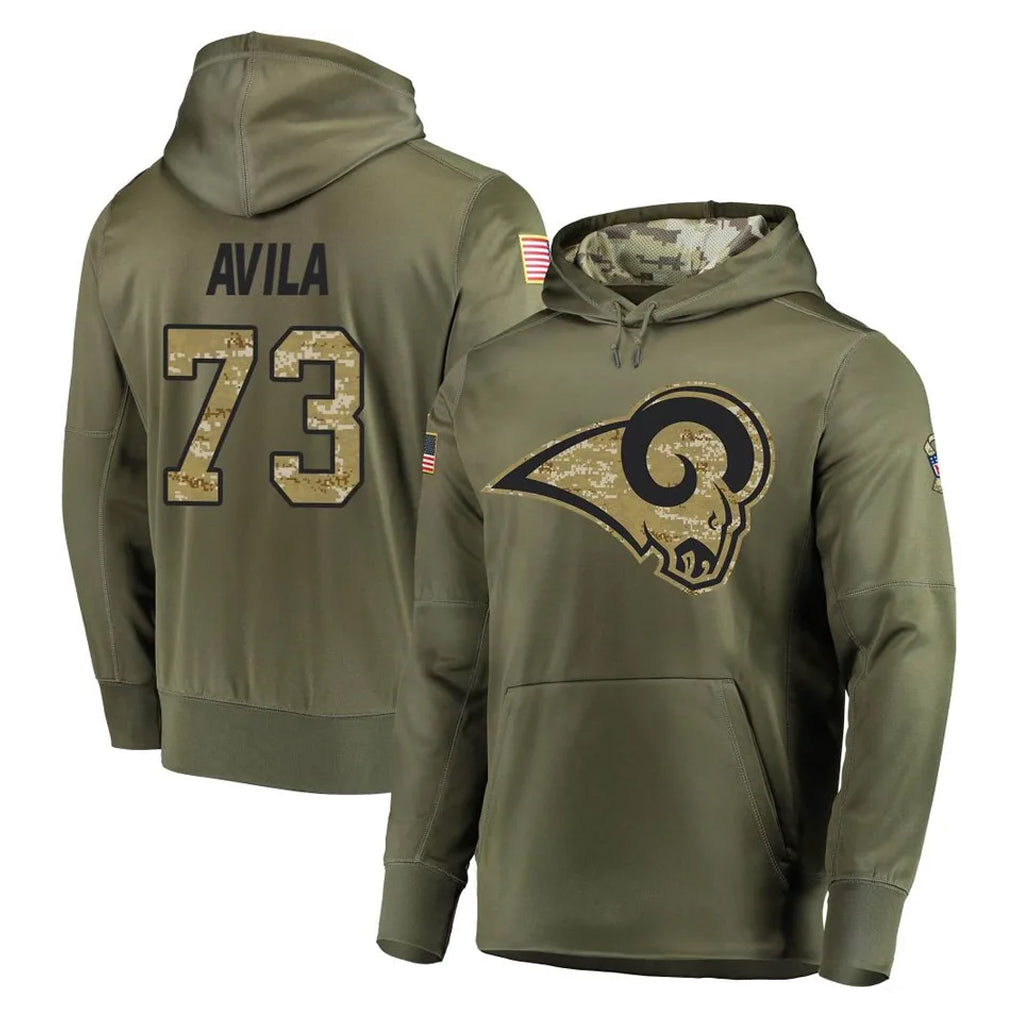 LA.Rams #73 Steve Avila Player Olive Salute to Service Pullover Hoodies Home Game STECN Stitched Jerseys