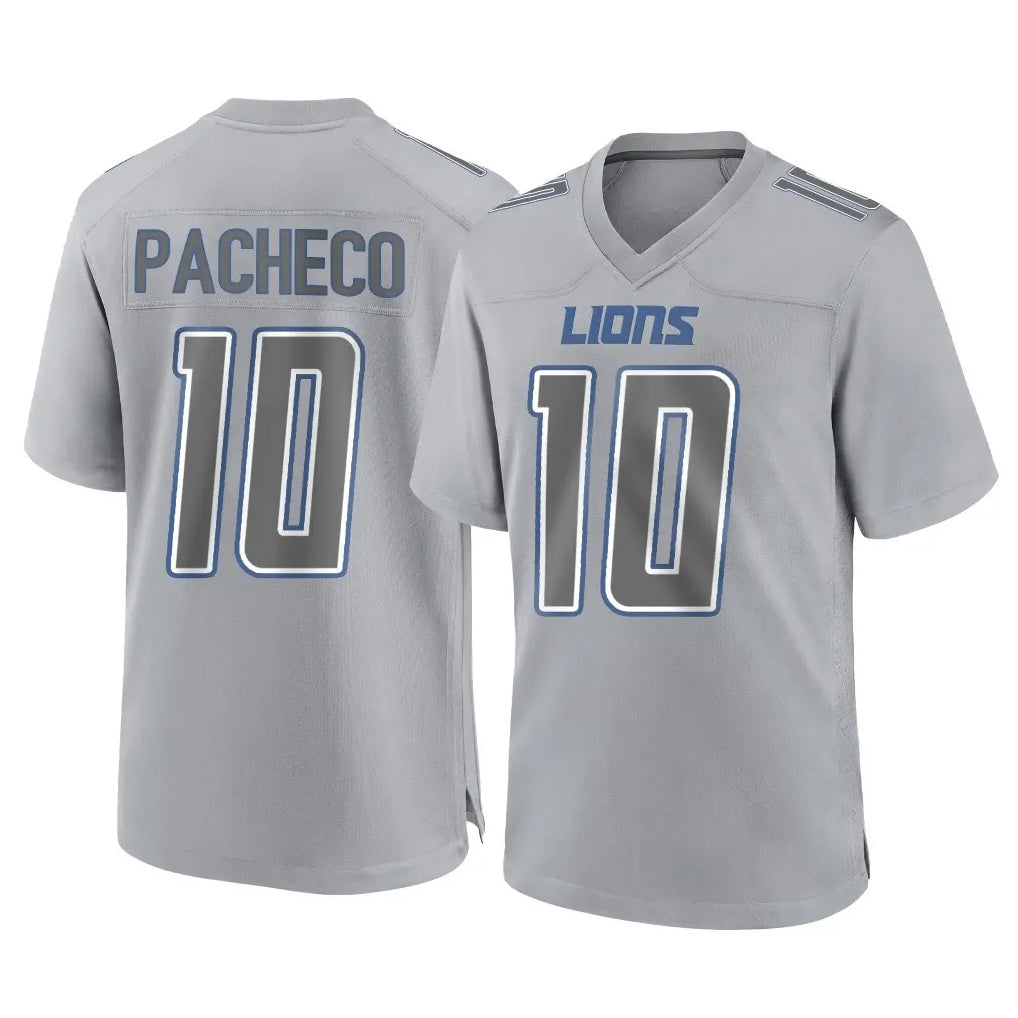 D.Lions #10 Isiah Pacheco Player Gray Atmosphere Fashion Home Game STECN Stitched Jerseys