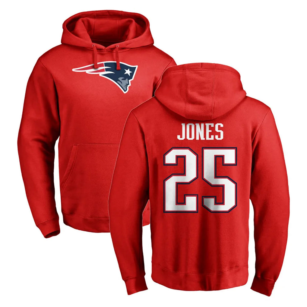 NE.Patriots #25 Marcus Jones Player Red LOGO Pullover Hoodies Home Game STECN Stitched Jerseys