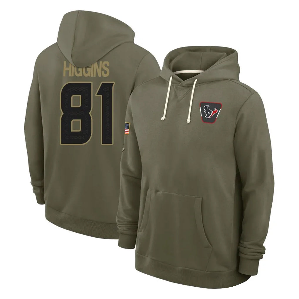 H.Texans #81 Jayden Higgins Player Olive Salute to Service Pullover Hoodies Limited STECN Stitched Jerseys