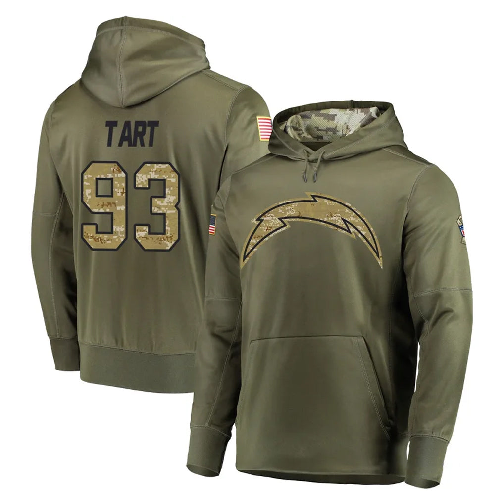 LA.Chargers #93 Teair Tart Player Olive Salute to Service Pullover Hoodies Home Game STECN Stitched Jerseys