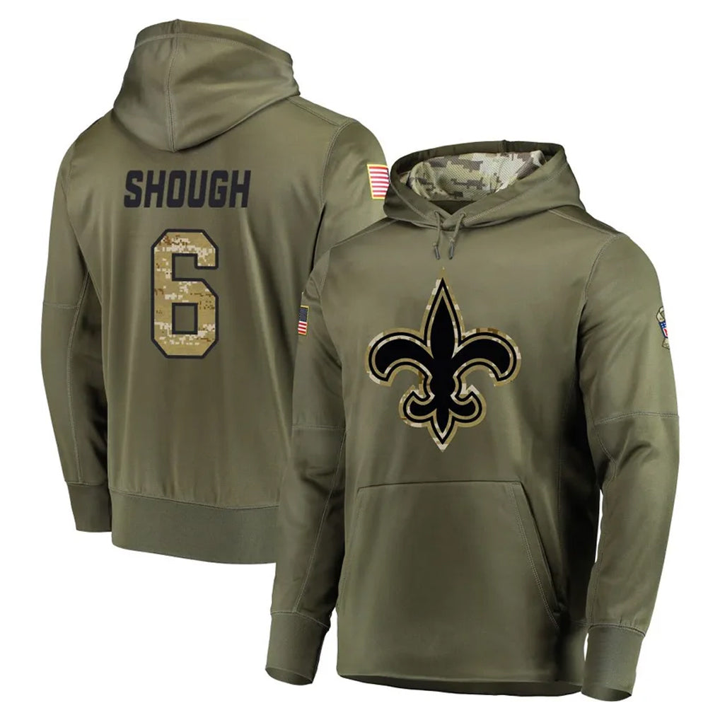 NO.Saints #6 Tyler Shough Player Olive Salute to Service Pullover Hoodies Home Game STECN Stitched Jerseys