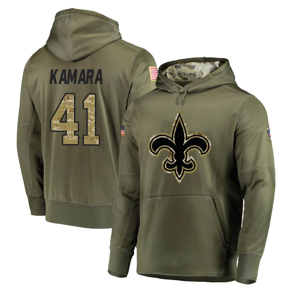 NO.Saints #41 Alvin Kamara Player Olive Salute to Service Pullover Hoodies Home Game STECN Stitched Jerseys
