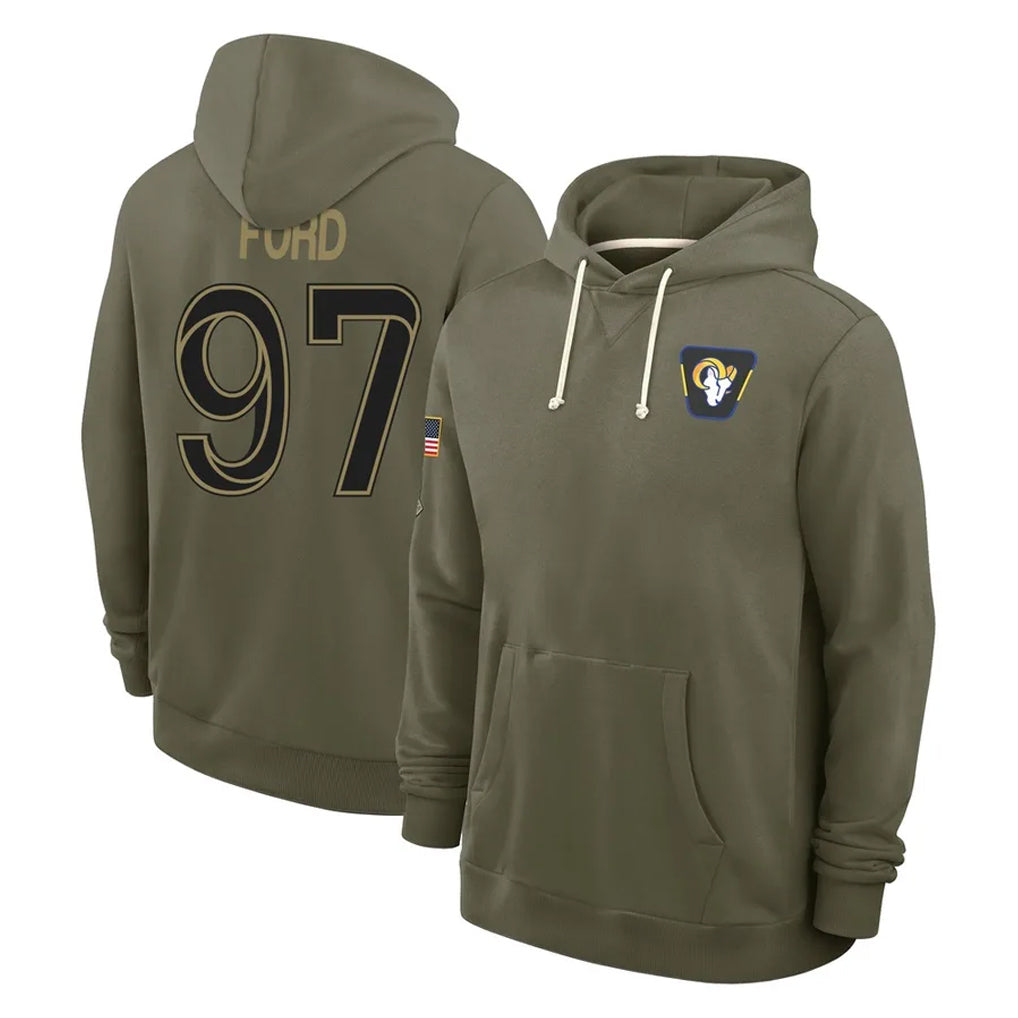 LA.Rams #97 Poona Ford Player Olive Salute to Service Pullover Hoodies Limited STECN Stitched Jerseys