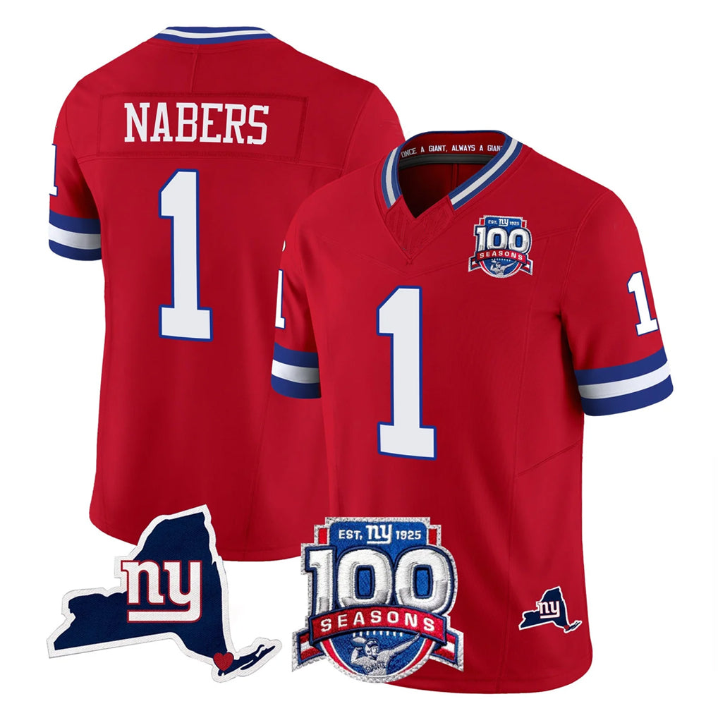 NY.Giants #1 Malik Nabers Player Red 100th Season & State Patch Vapor Limited Home Game STECN Stitched Jerseys