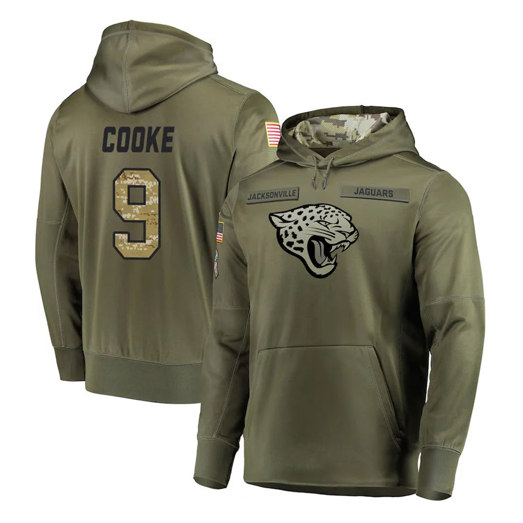 J.Jaguars #9 Logan Cooke Player Olive Salute to Service Pullover Hoodies Home Game STECN Stitched Jerseys