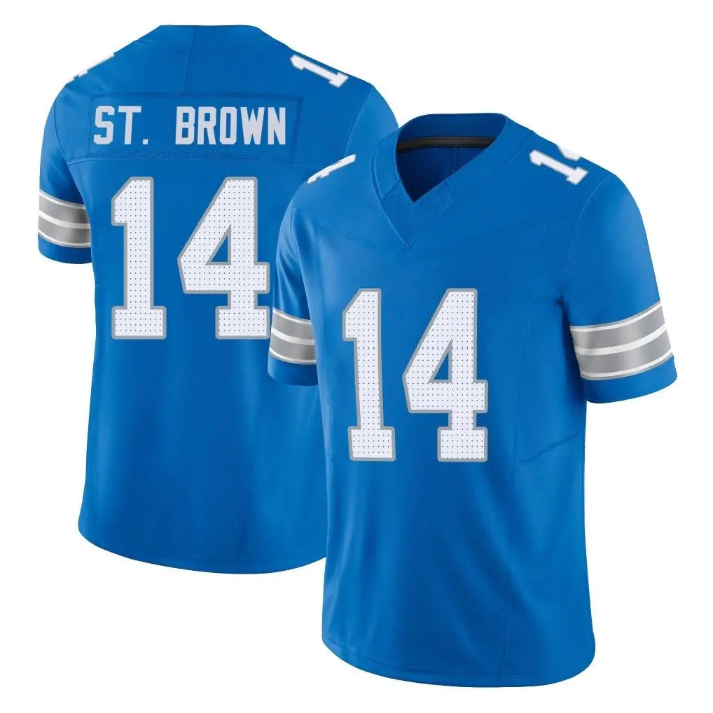 D.Lions #14 Amon-Ra St. Brown Player Blue Limited Vapor F.U.S.E. Alternate Home Game STECN Stitched Jerseys