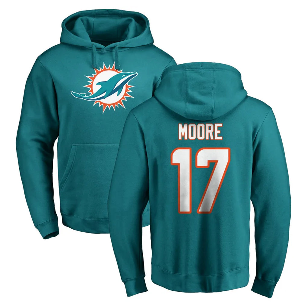 M.Dolphins #17 Trey Moore Player Aqua LOGO Pullover Hoodies Limited STECN Stitched Jerseys