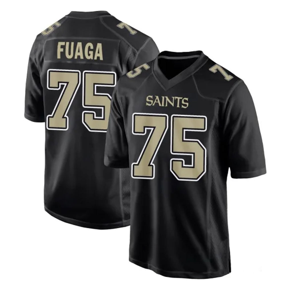 NO.Saints #75 Taliese Fuaga Player Black Carbon Fashion Home Game STECN Stitched Jerseys