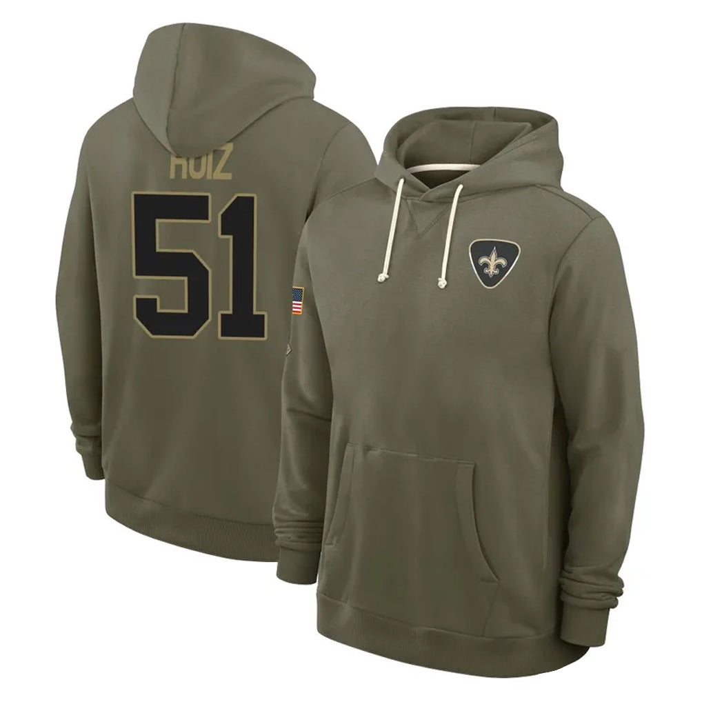 NO.Saints #51 Cesar Ruiz Player Olive Salute to Service Pullover Hoodies Limited STECN Stitched Jerseys