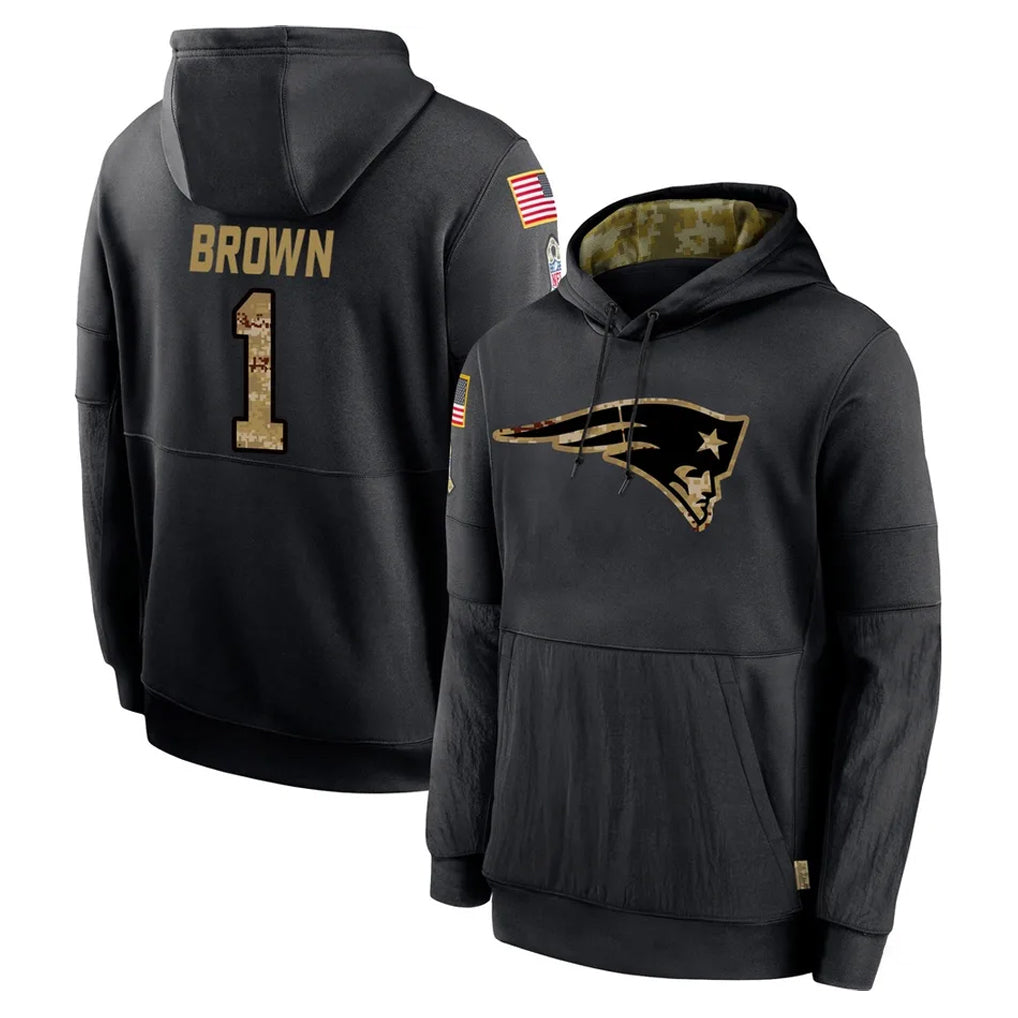 NE.Patriots #1 A.J. Brown Player Black Salute to Service Hoodies Limited Game STECN Stitched Jerseys