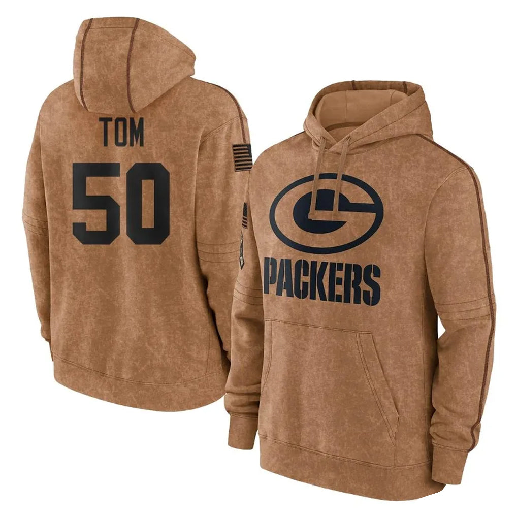GB.Packers #50 Zach Tom Player Brown Salute to Service Hoodies Limited Game STECN Stitched Jerseys